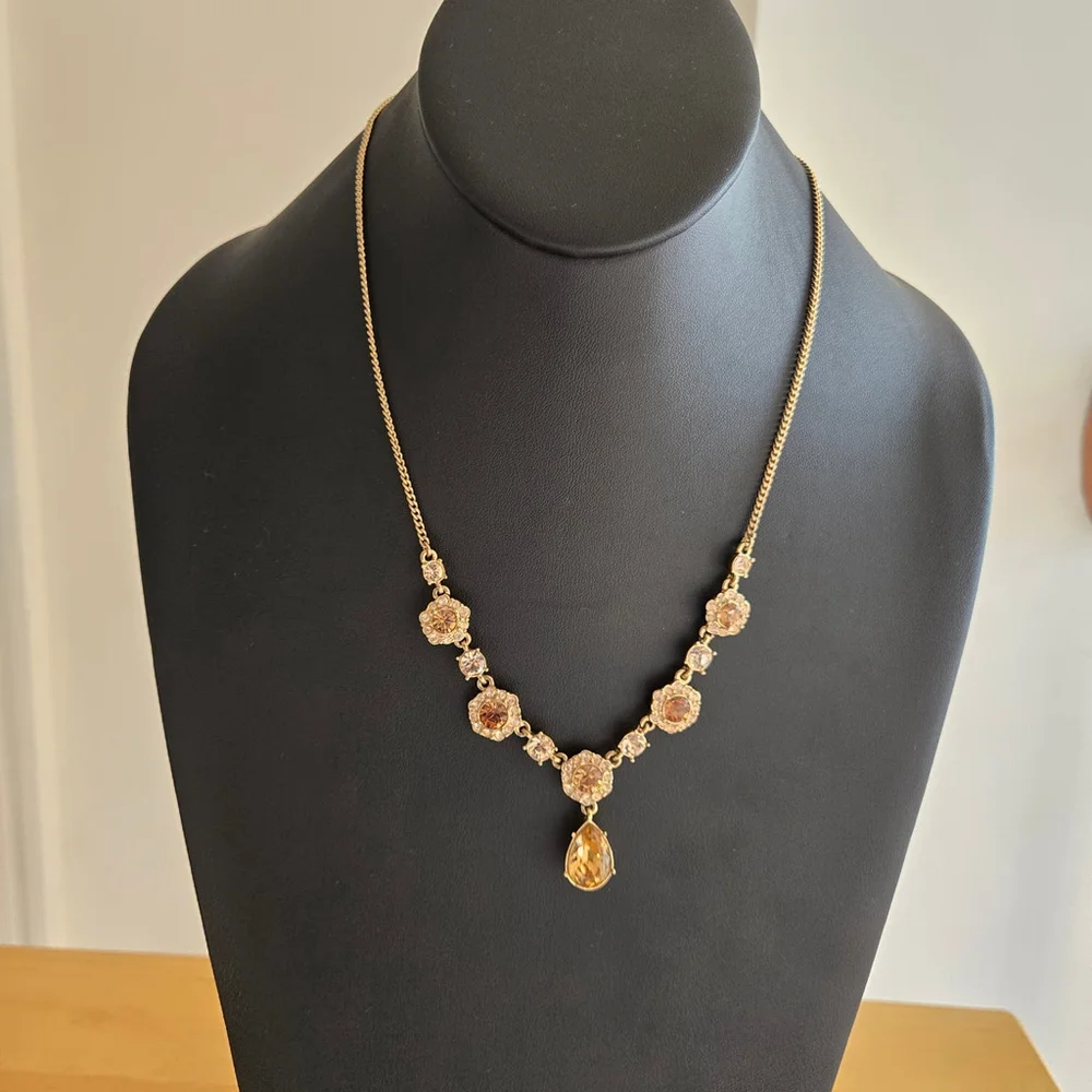 Givenchy Gold-Tone Crystal Amber Hue Tear Drop Signed Vintage Necklace